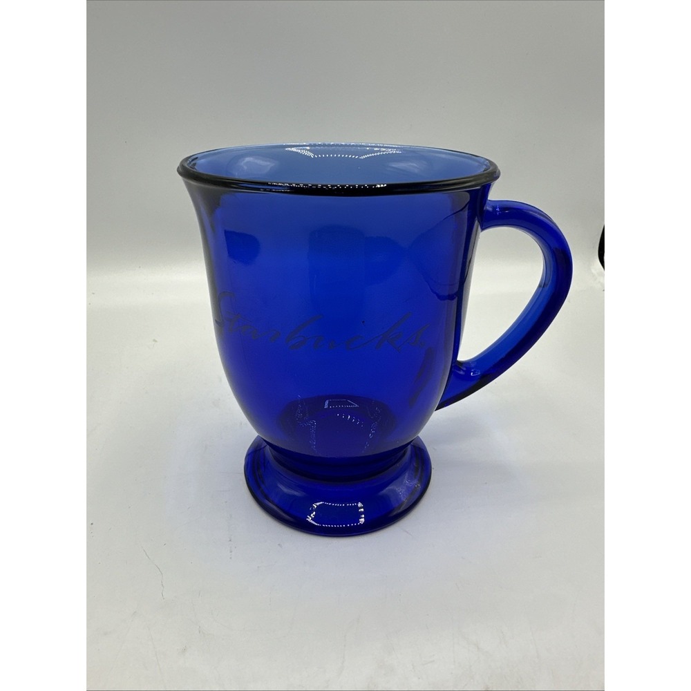 Dark Blue Glass Starbucks Footed Coffee Cup 5" Tall Etched Anchor Hocking